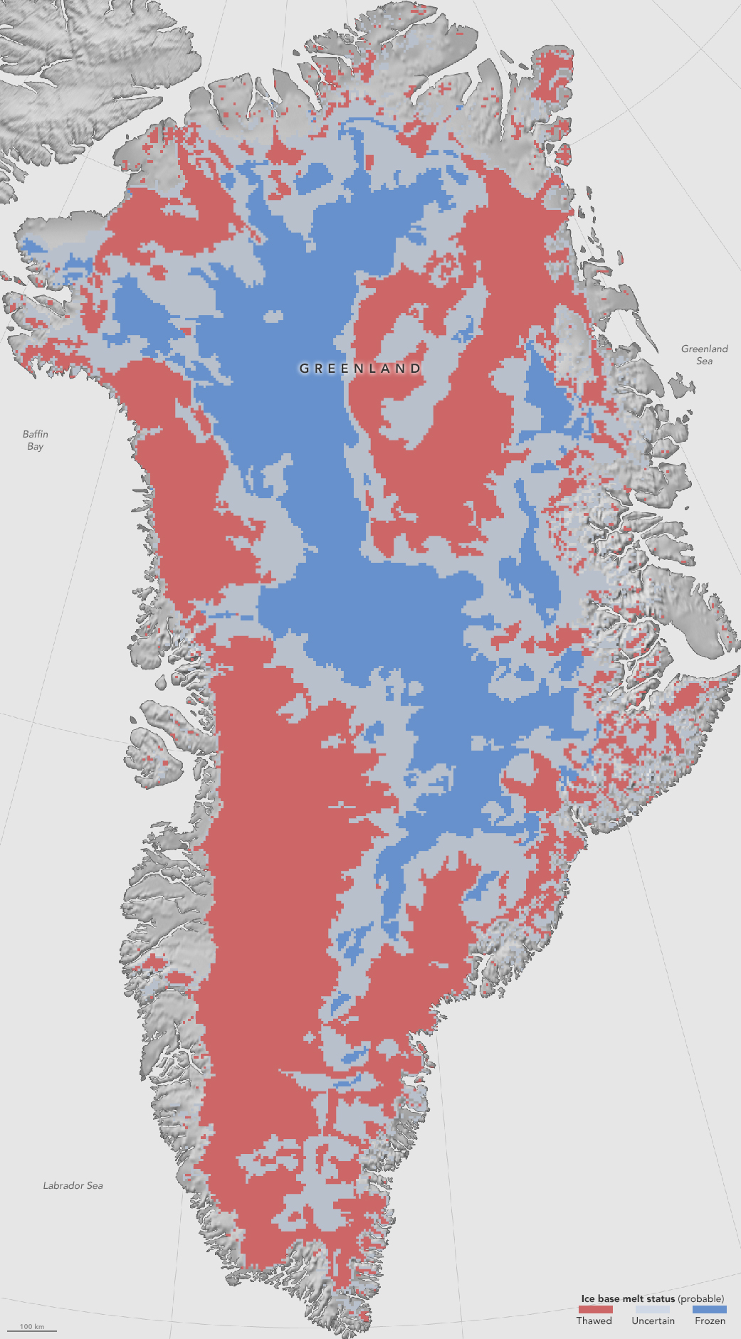 This first-of-a-kind map, showing which parts of the bottom of the Greenland Ice Sheet are likely thawed (red), frozen (blue) or still uncertain (gray), will help scientists better predict how the ice will flow in a warming climate. Image credit: NASA Earth Observatory/Jesse Allen.