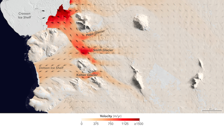 Flow speeds of Pope, Smith and Kohler glaciers. Image credit: NASA/EO