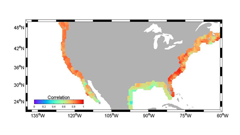 Correlations in U.S. coastal sea level rise between the new sea level indicator tool and reconstructed decade-scale estimates of sea level.