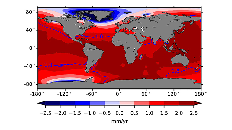 Sea level fingerprints (patterns of variation in sea level rise) calculated from GRACE satellite observations, 2002-2014.