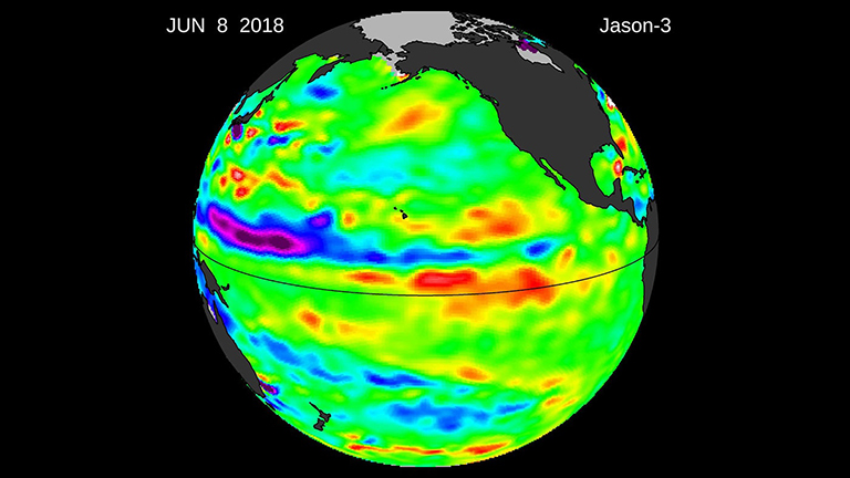 Latest image from OSTM/Jason-2's successor satellite, the U.S./European Jason-3, showing sea surface height with respect to the seasonal cycle and the long-term trend.