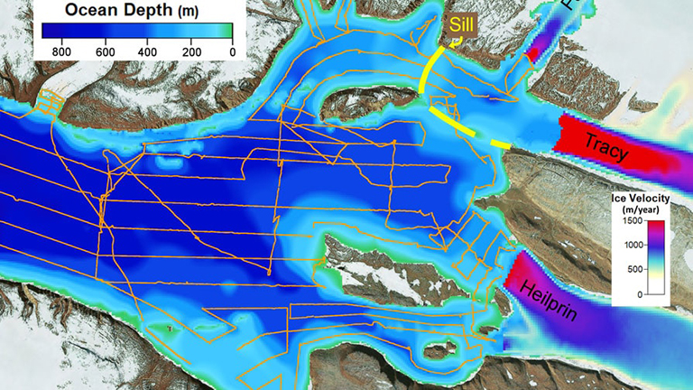 This figure shows estimated ice flow velocities of Tracy and Heilprin glaciers (right) and the depths of the fjord in front of the glaciers.