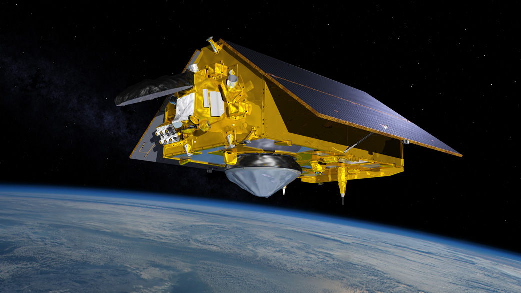 In this illustration, the Sentinel-6 Michael Freilich spacecraft – the world's latest sea-level satellite – orbits Earth with its deployable solar panels extended.