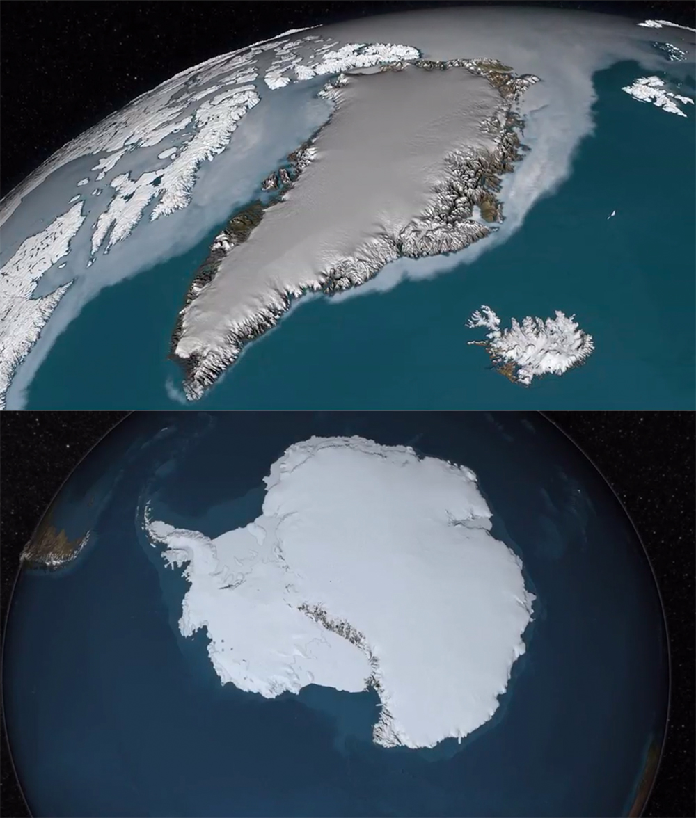 Visualizations of the Greenland and Antarctic ice sheets, with Greenland in the top panel and Antarctica in the bottom panel