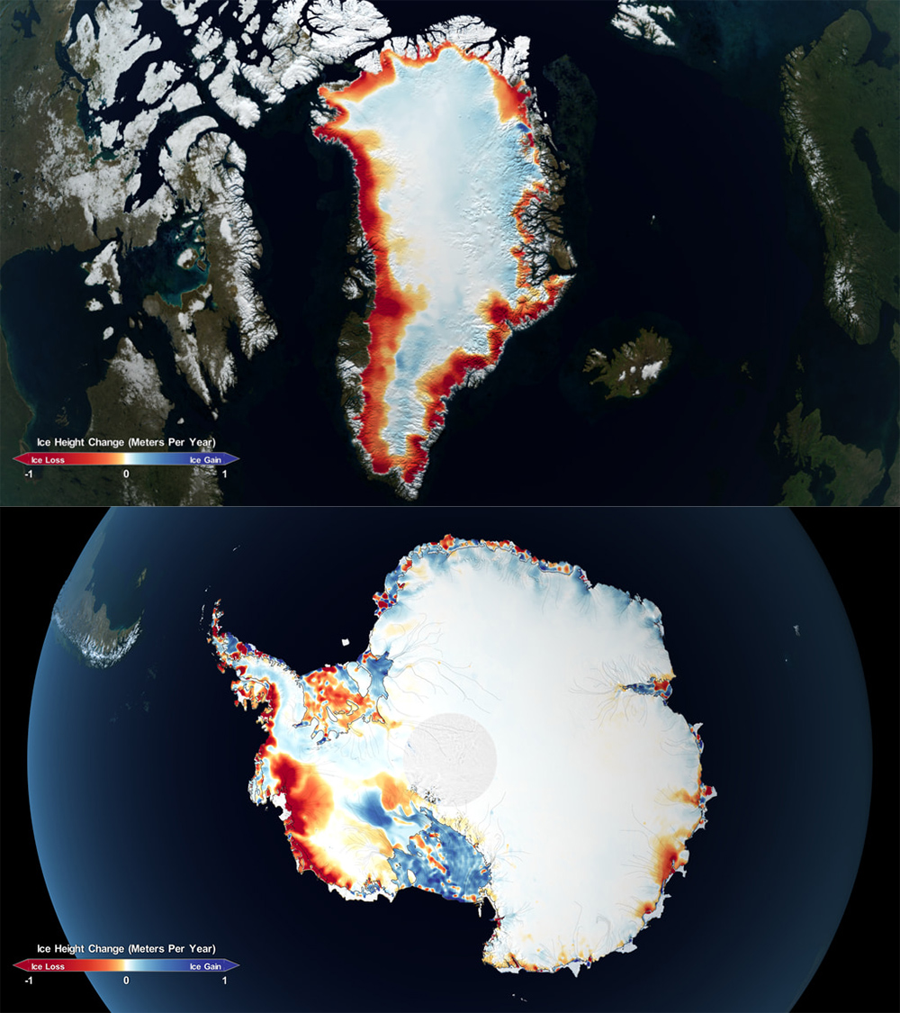 Visualizations of Greenland and Antarctic ice thickness change, the top panel showing Greenland and the bottom showing Antarctica