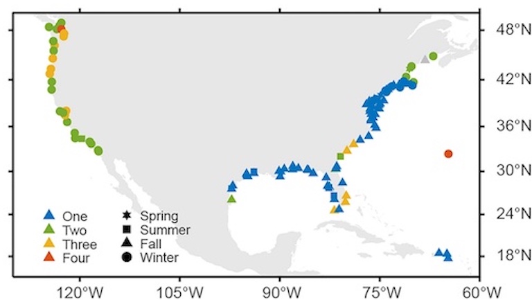 A map showing the number of components needed to cause a high-tide flooding event on the U.S. coast.