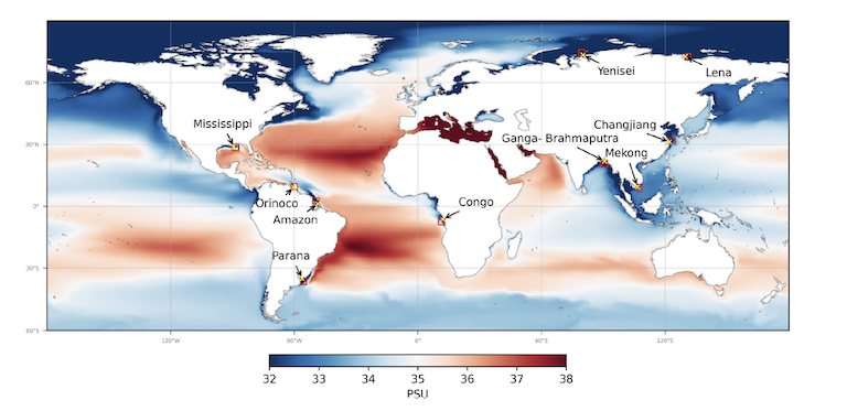 A map of the world marking river mouths and displaying salinity levels