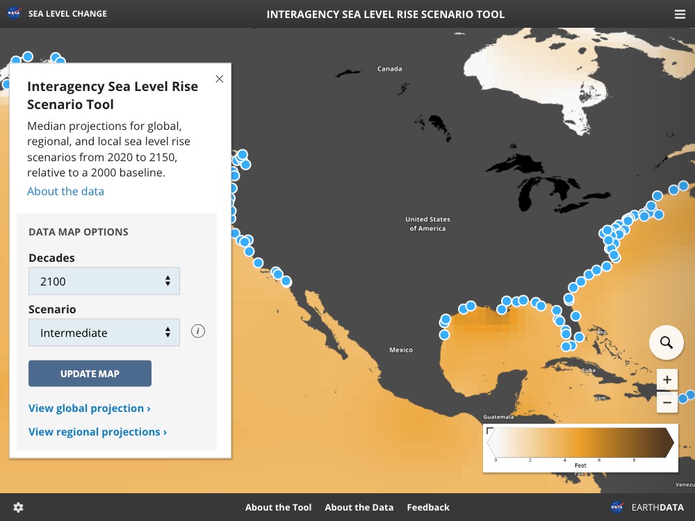 screenshot of the Interagency Sea Level Rise Scenario Tool, displaying an interactive map