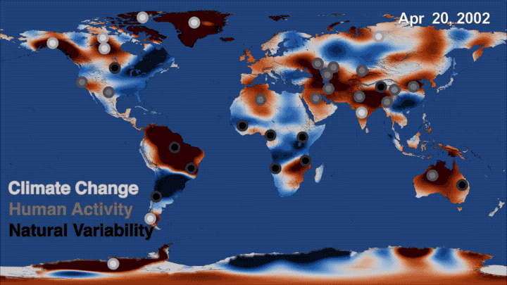 Time series showing global freshwater trends as measured by the NASA/German Aerospace Center (DLR) Gravity Recovery and Climate Experiment mission from 2002 to 2016. Freshwater increases above average are shown in blue, while decreases below average are in red. Credit: NASA's Scientific Visualization Studio › Full view