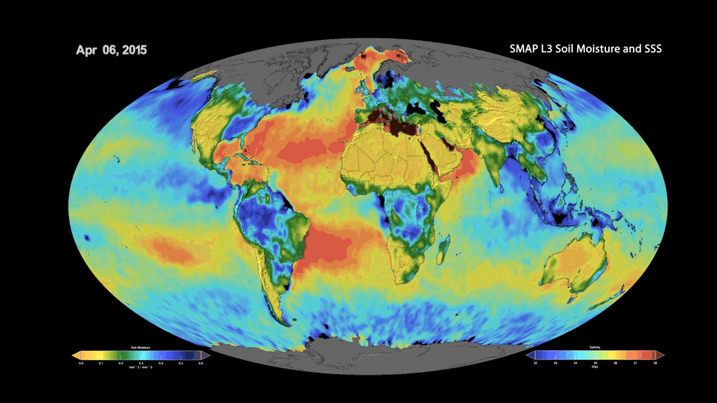 This animation shows a time lapse of sea surface salinity and soil moisture from NASA's Soil Moisture Active Passive (SMAP) satellite from April 2015 through February 2019. Credit: NASA/JPL-Caltech/GSFC
› Full image and caption