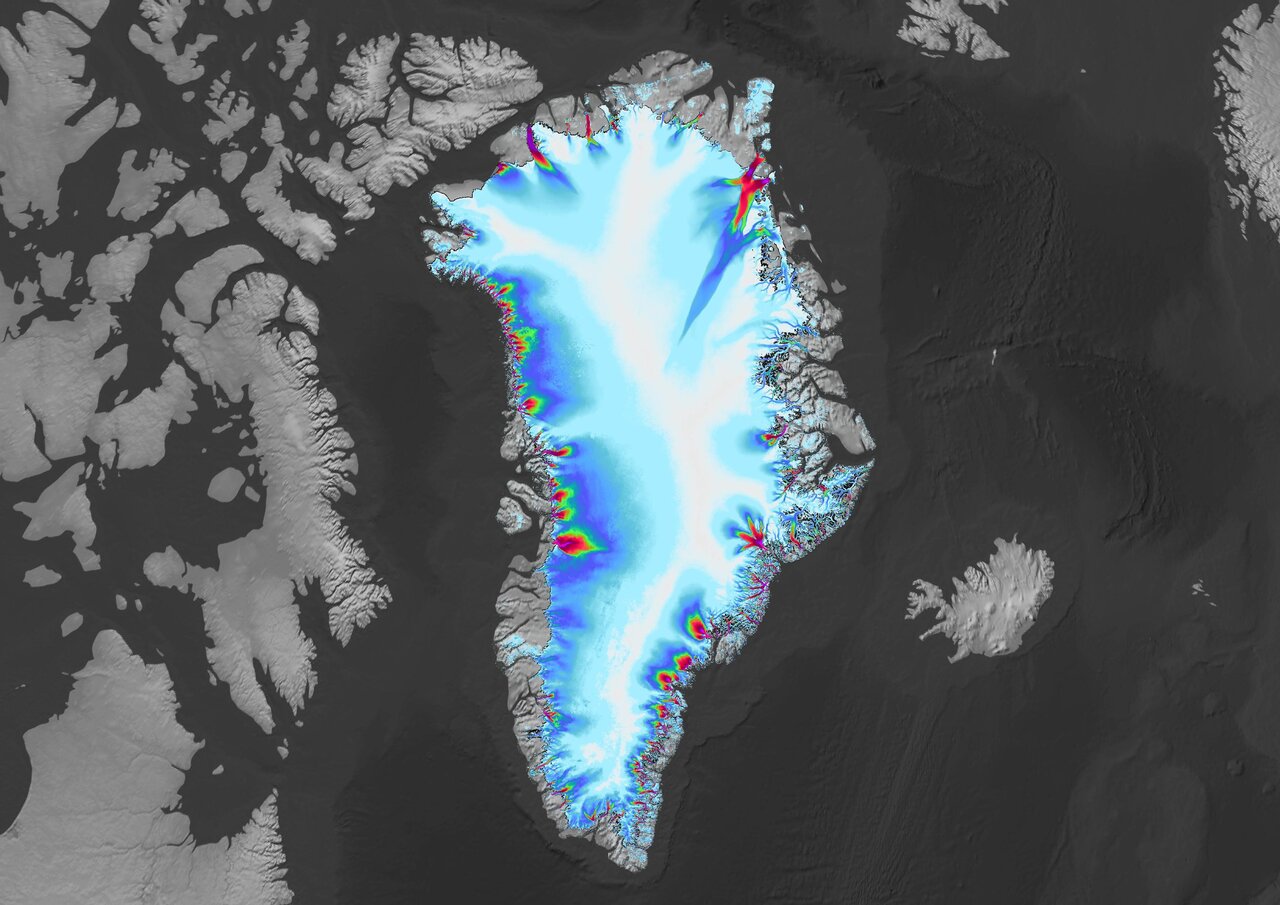 A Groenlândia aparece nesta imagem criada usando dados do projeto ITS_LIVE, hospedado no Jet Propulsion Laboratory da NASA. A coloração ao redor da costa da ilha ártica mostra a velocidade das geleiras fluindo para o oceano. Crédito: NASA / JPL-Caltech / USGS