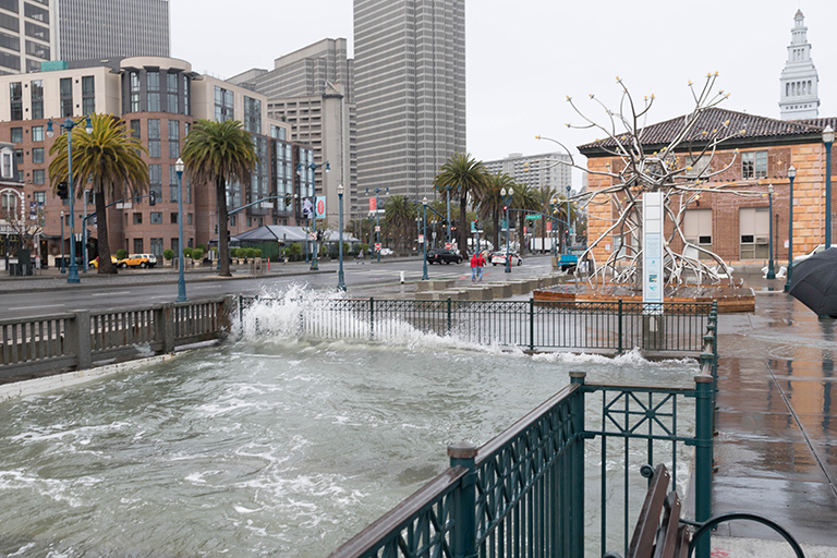 A king tide floods San Francisco's Pier 14 in December 2015