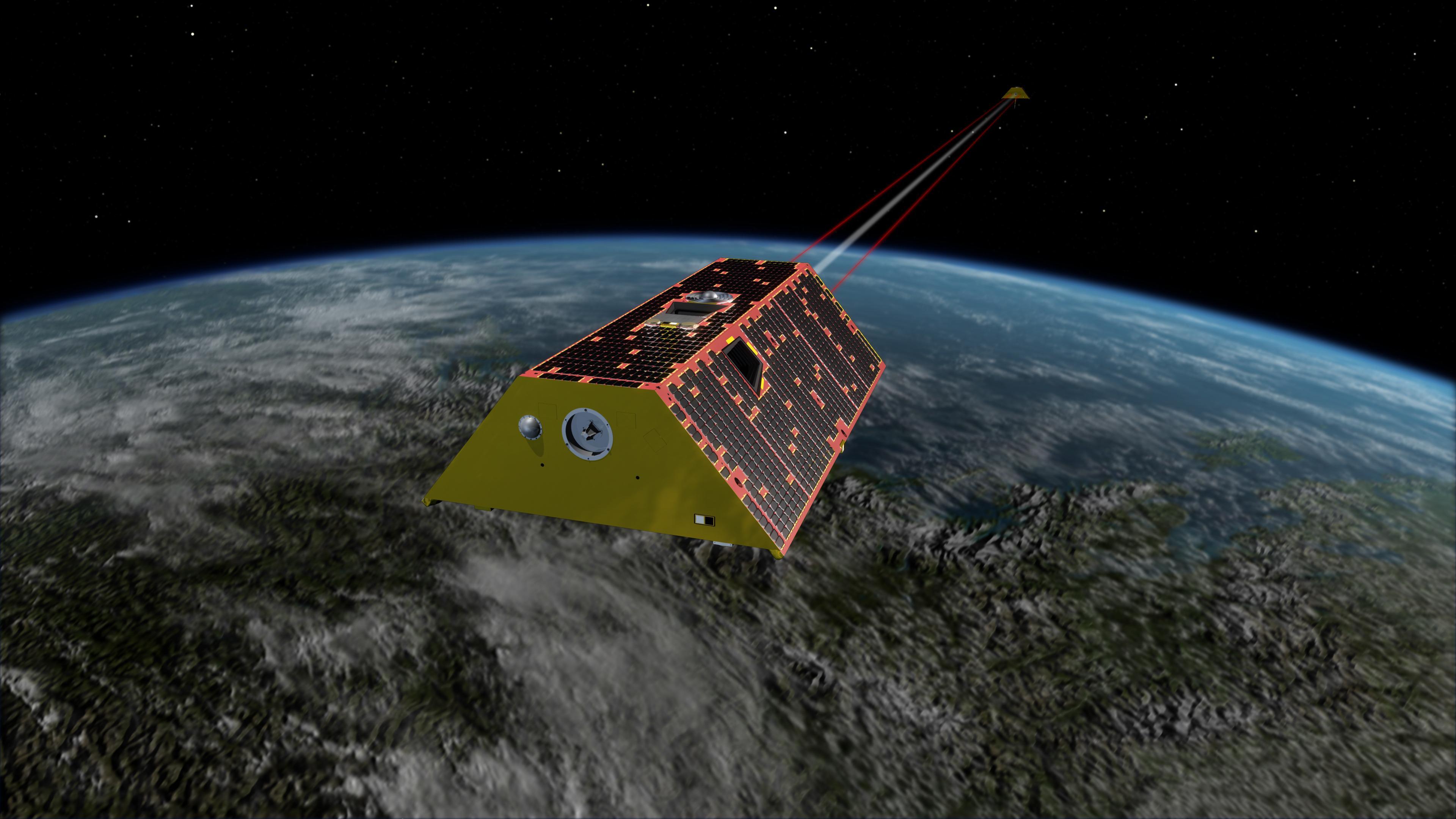 Artist's concept of the twin spacecraft of the Gravity Recovery and Climate Experiment Follow-On (GRACE-FO) mission