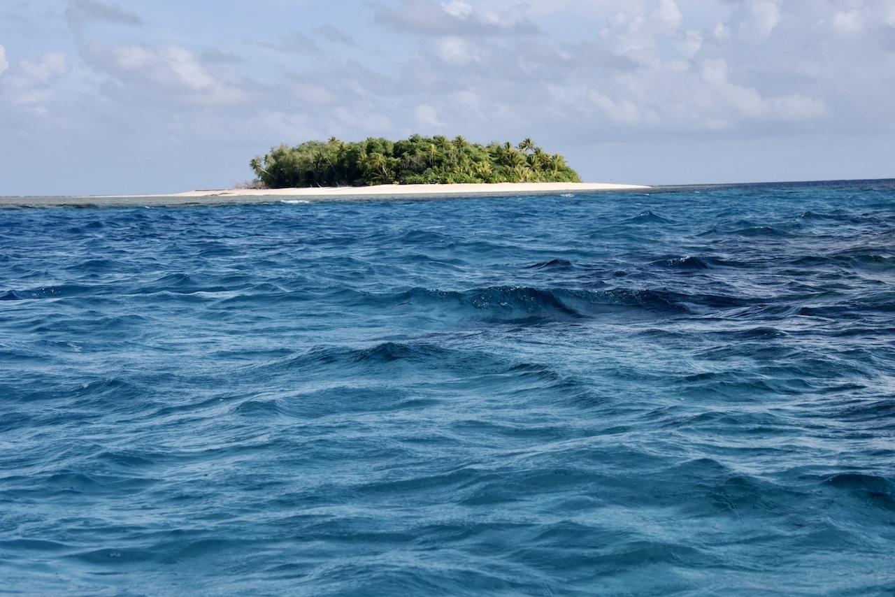 An island covered in green, tropical trees is seen in the upper third of the image; the lower two thirds are deep blue ocean.