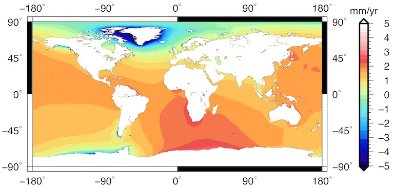 The "fingerprints" of sea level rise revealed by a new computer modeling method that links changes in glaciers, ice sheets, and continental water storage to relative sea levels worldwide. Bluer areas, near Greenland, reflect a loss of ice mass, counterintuitively resulting in a sea level drop. In redder areas, sea levels are rising faster than global-mean rates. This map shows the linear trend in sea-level change and covers the period from 2003 to 2015. Image courtesy Surendra Adhikari, JPL.