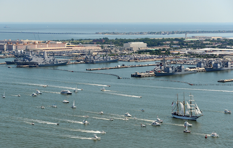 Ships sail past Naval Station Norfolk during "Operation Sail 2012 Virginia" to mark the bicentennial of the War of 1812. Image credit: Petty Officer 2nd Class Bryan Weyers, U.S. Navy.