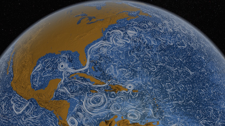 Visualization of ocean surface currents, based on output from an ocean circulation model called ECCO2. Such currents can leave their marks on Earth's gravitational field, a recent study shows. By Greg Shirah, NASA/Goddard Space Flight Center Scientific Visualization Studio.