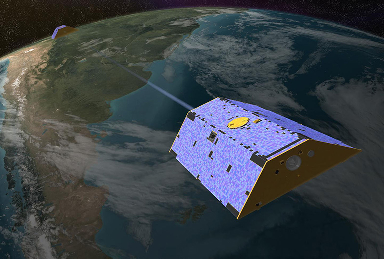 Illustration of the Gravity Recovery and Climate Experiment (GRACE) twin satellites in orbit. Credit: NASA-JPL/Caltech.
› Full image and caption